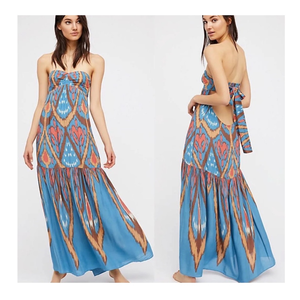 Free People Mojave Maxi Boho Strapless Dress Tie Back Blue Combo Size XS